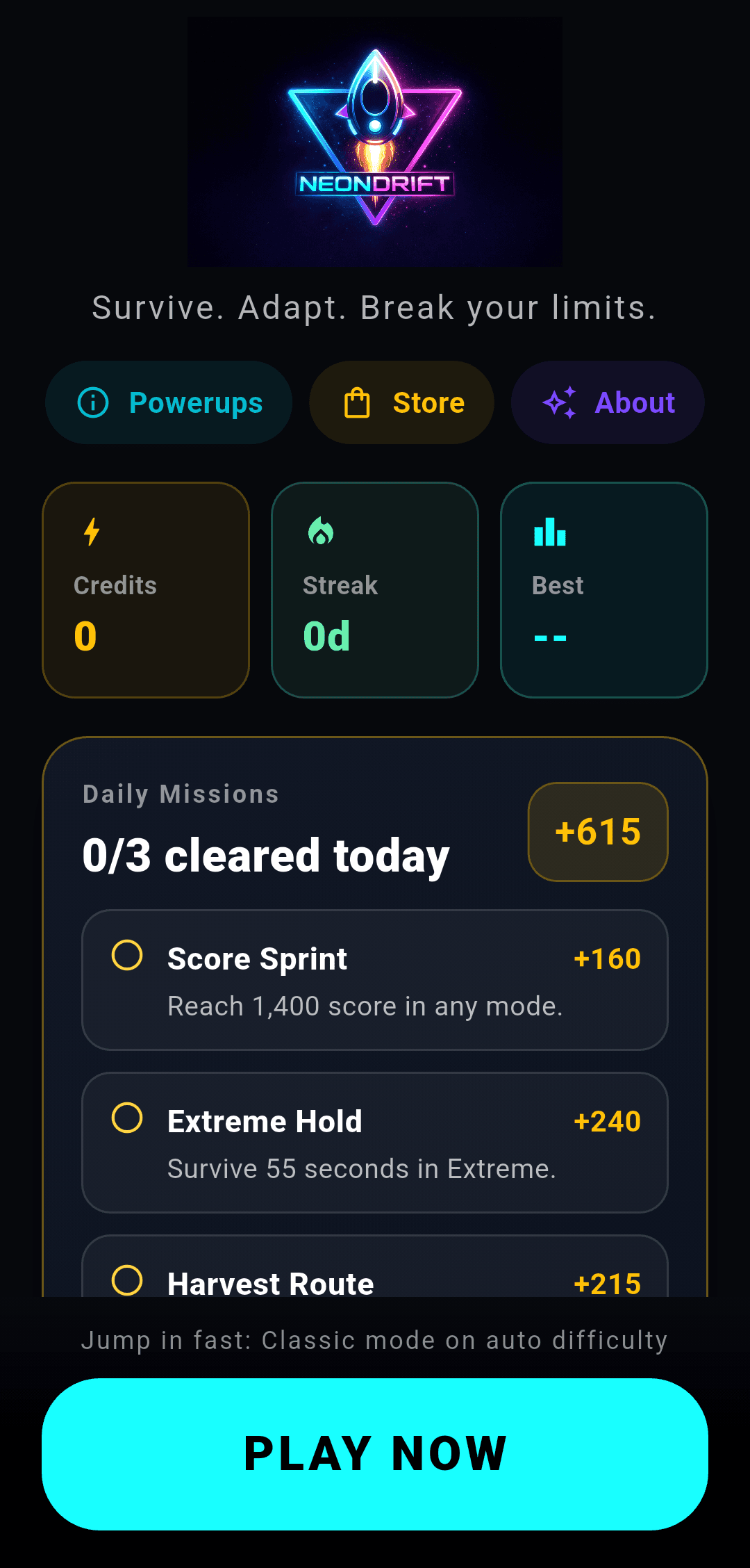 Neon Drift home screen with credits, daily mission, and progression status