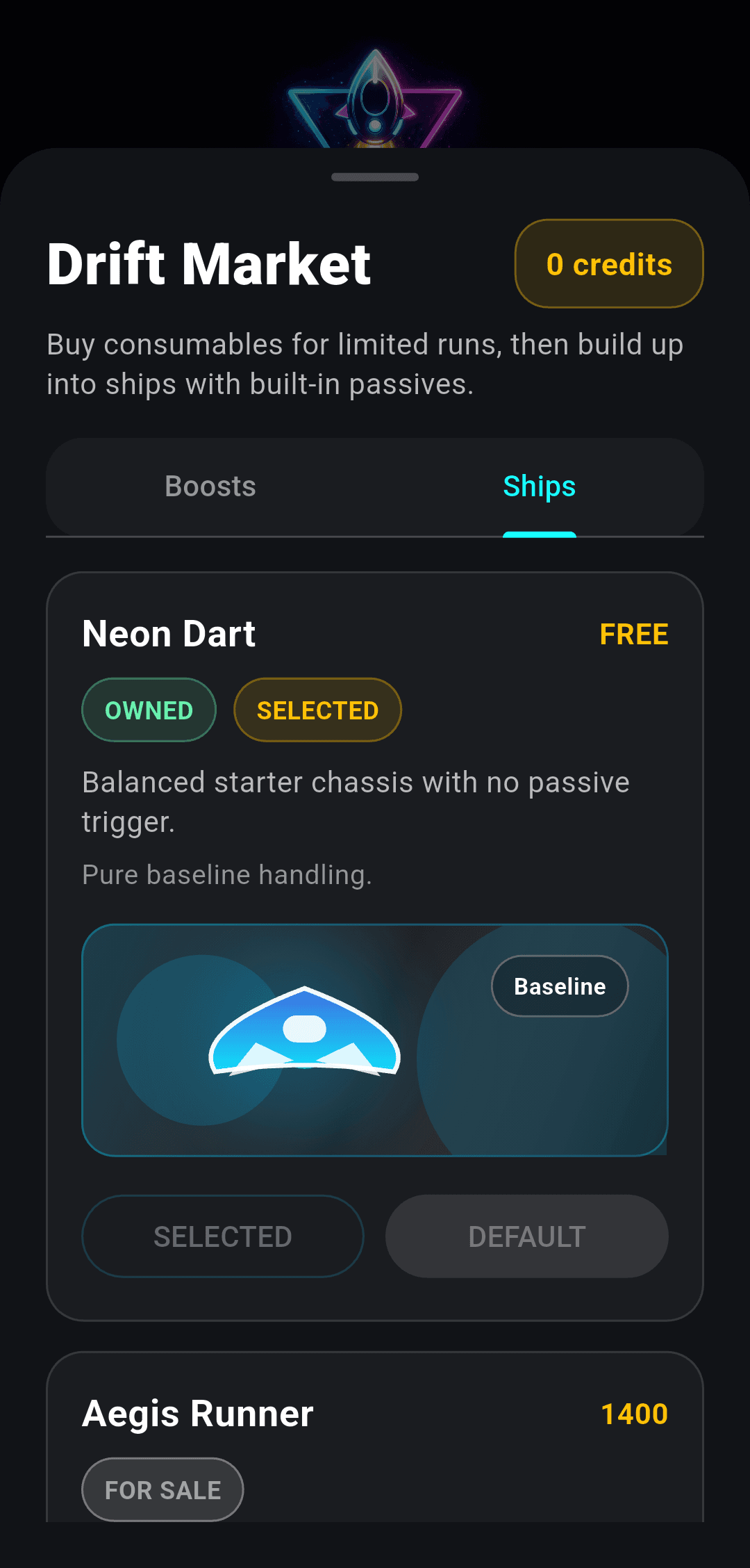 Neon Drift ship store showing unlockable ships and pricing